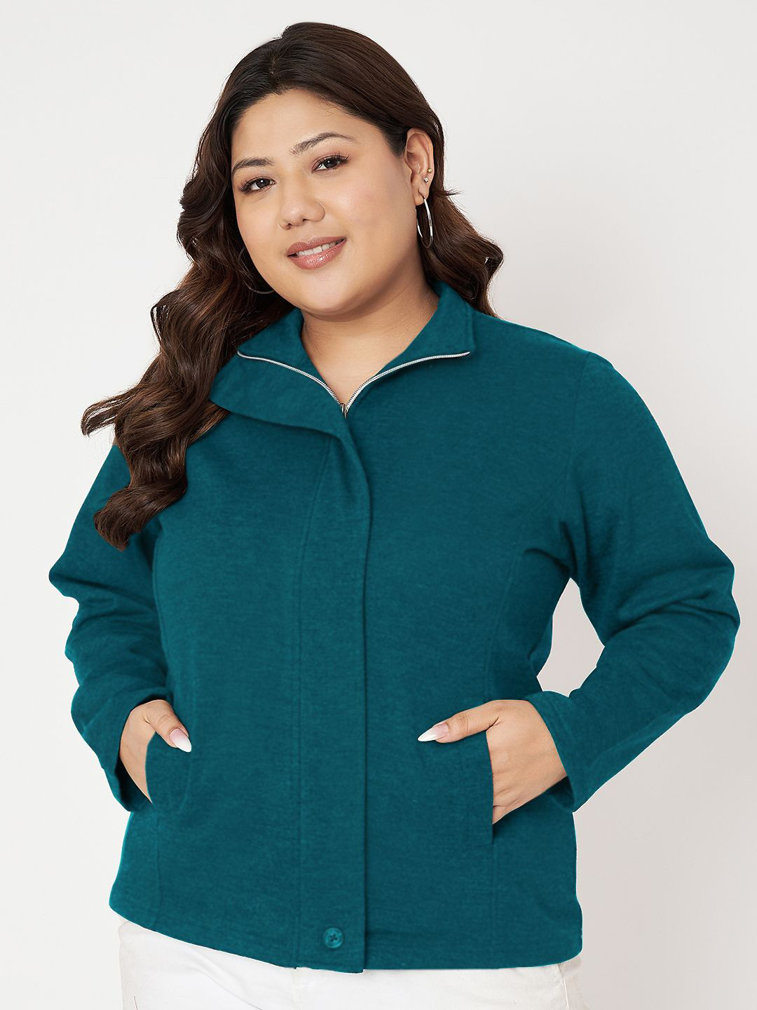 BRINNS Plus Size Mock Neck Zip Closure Fleece Front Open Jacket