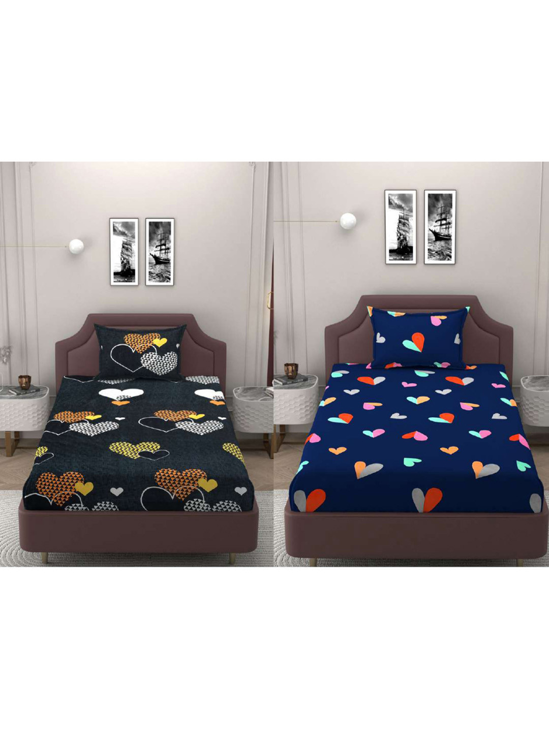 Bromwick Heart Black Graphic Cotton Breathable 160 TC Single Superfine 2 Bedsheet with 2 Pillow Covers-228 x 152 cm