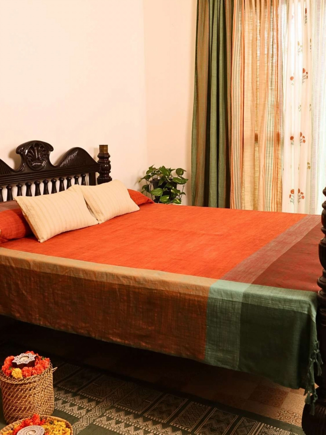 Peepul Tree Rust & Green Pure Cotton Double Bed Cover