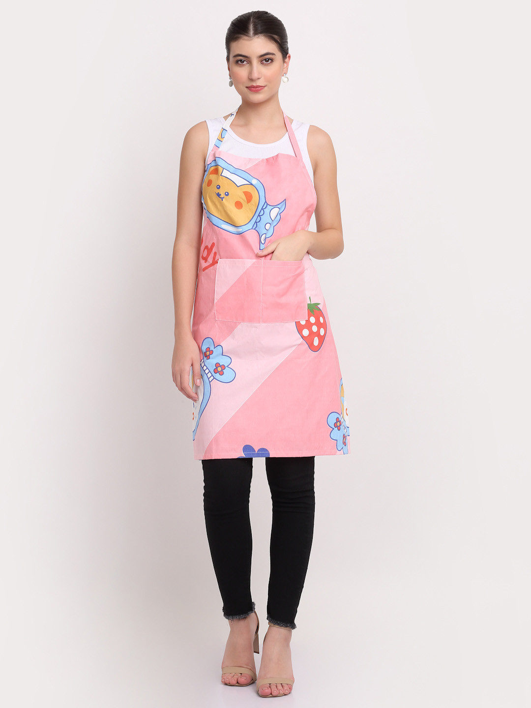 Arrabi Pink & Blue Cartoon Printed Cotton Aprons With 2 Patch Pockets