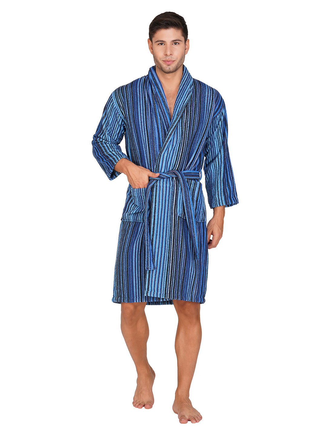 RANGOLI Pinstripe Navy Blue Striped Cotton Drawstring Knee Length Bath Robe-M