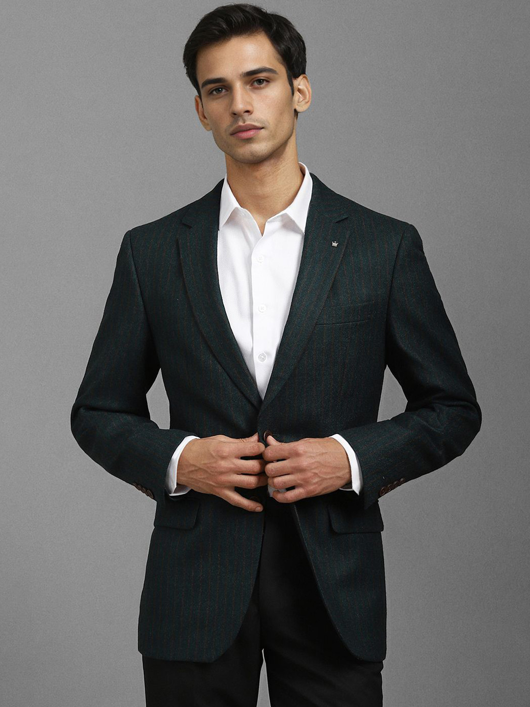 Louis Philippe Striped Notched Lapel Single Breasted Woollen Formal Blazer