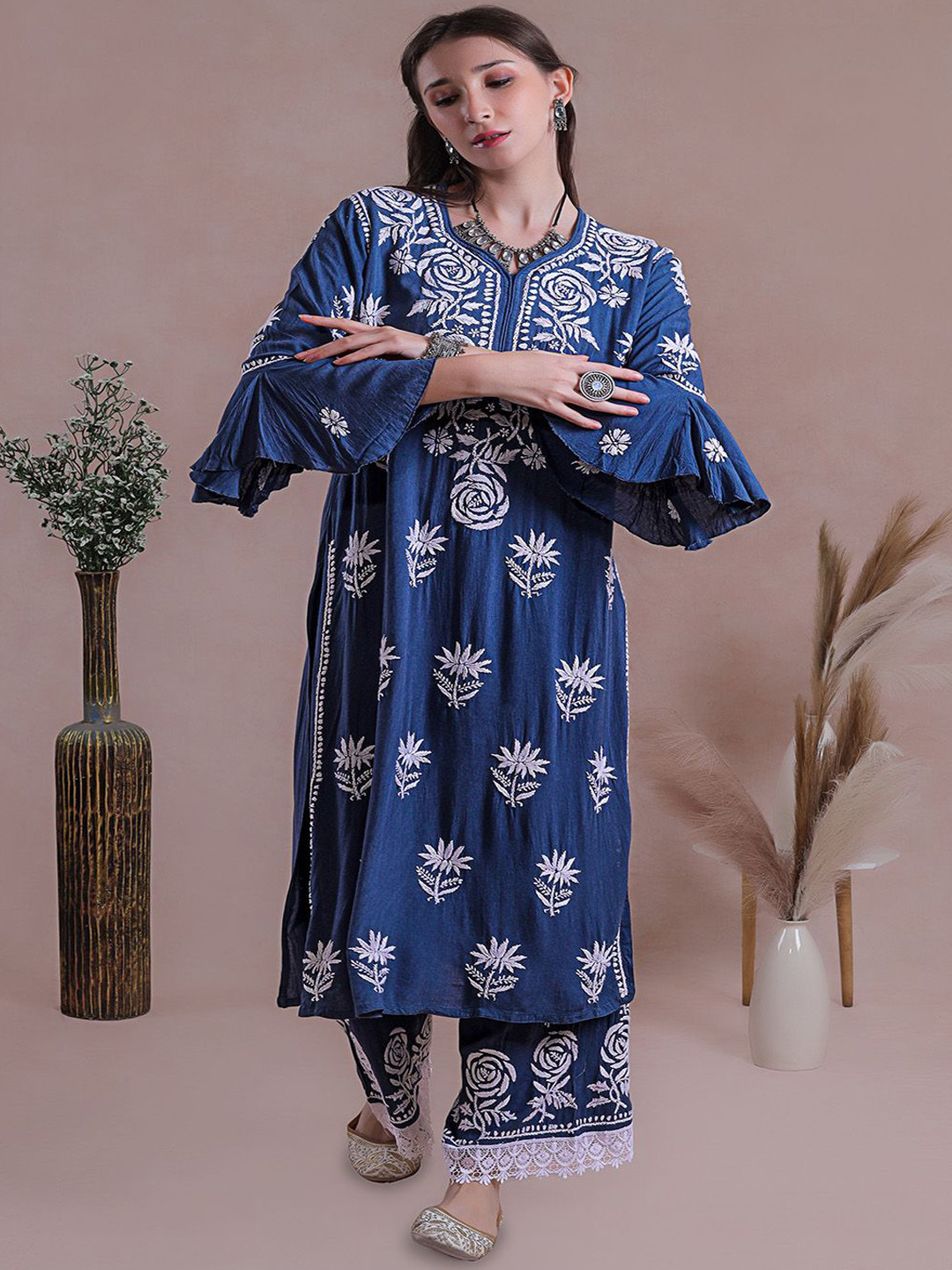 ILLICA Floral Embroidered Pure Cotton Straight Kurta with Palazzos