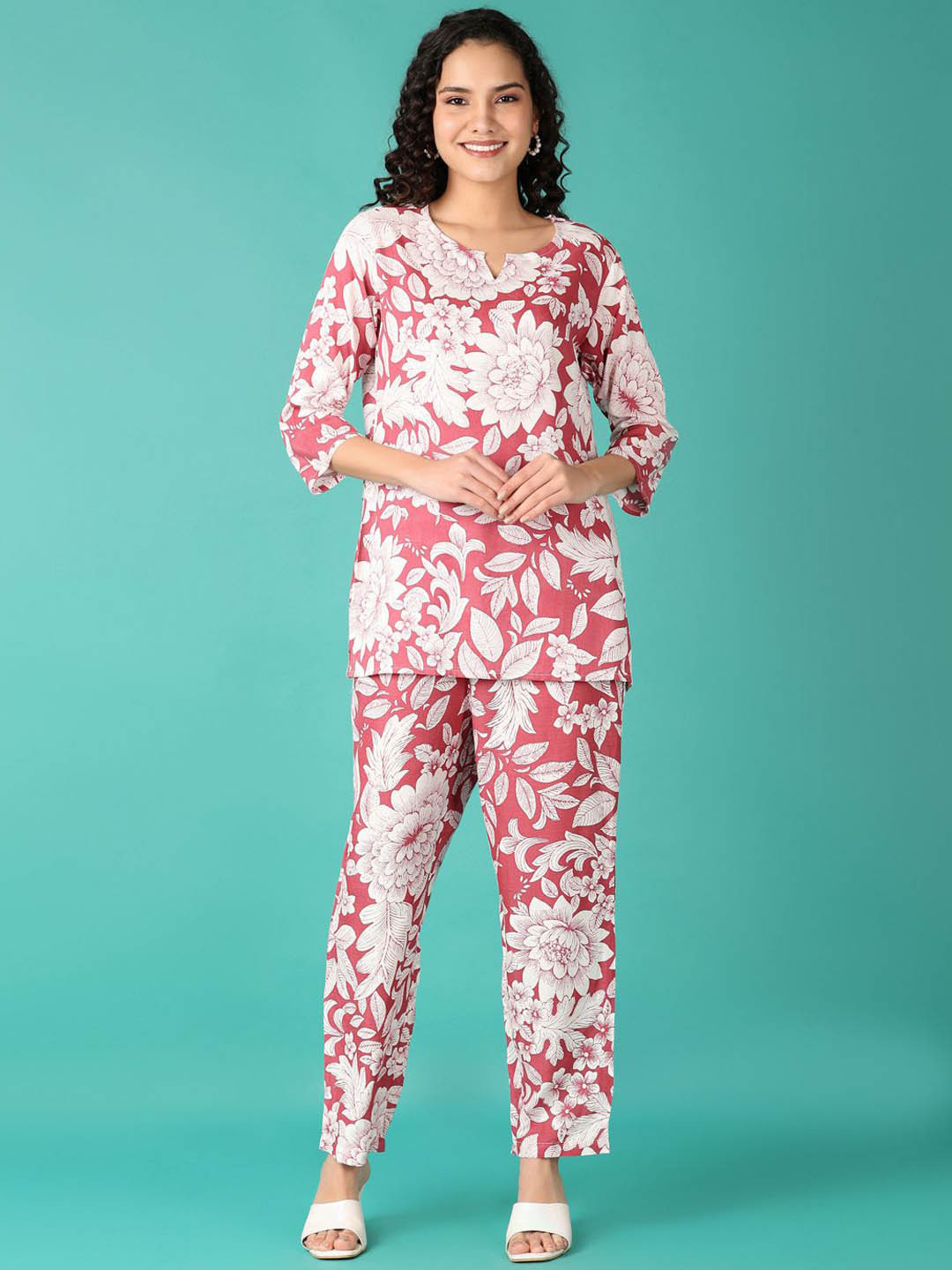 V-Mart Notch Neck Floral Printed Top with Trouser