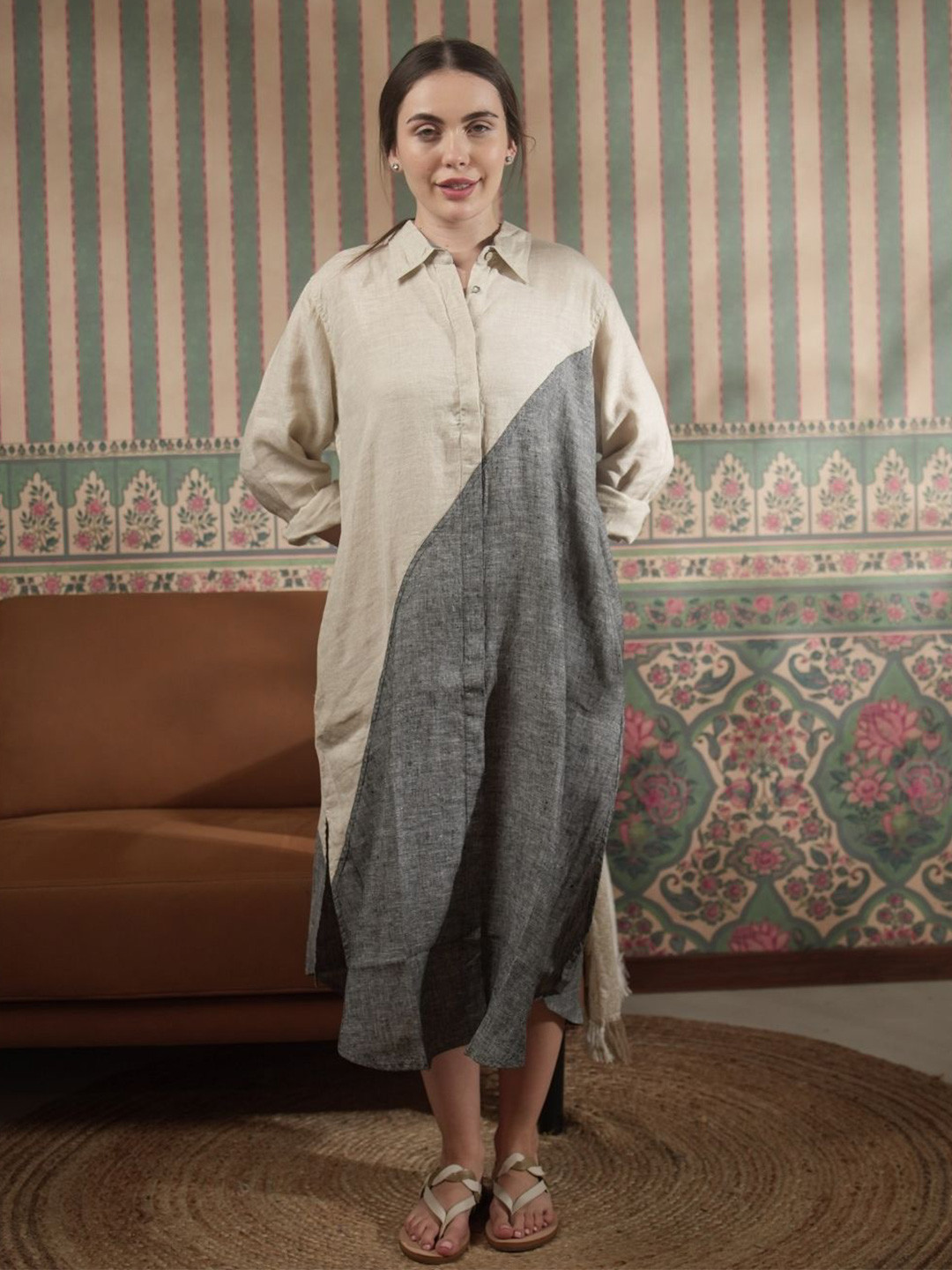 Fabulous Print Linen Shirt Maxi Dress