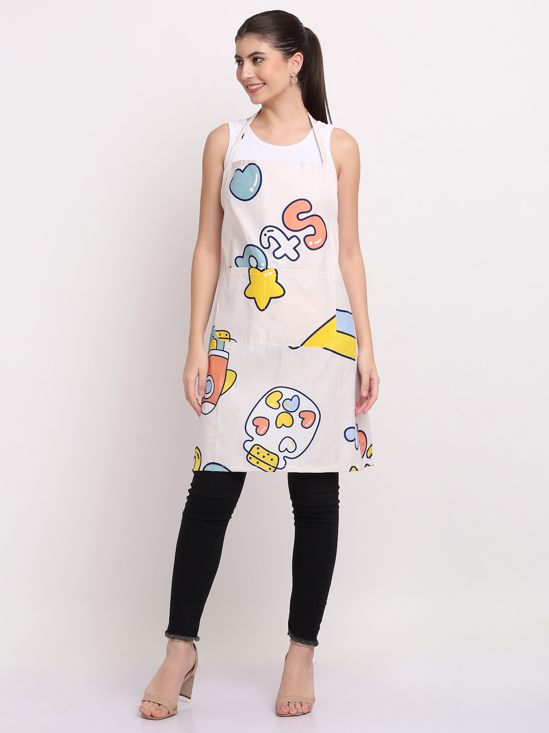 Arrabi Off White & Blue Graphic Printed Cotton Aprons With Pockets