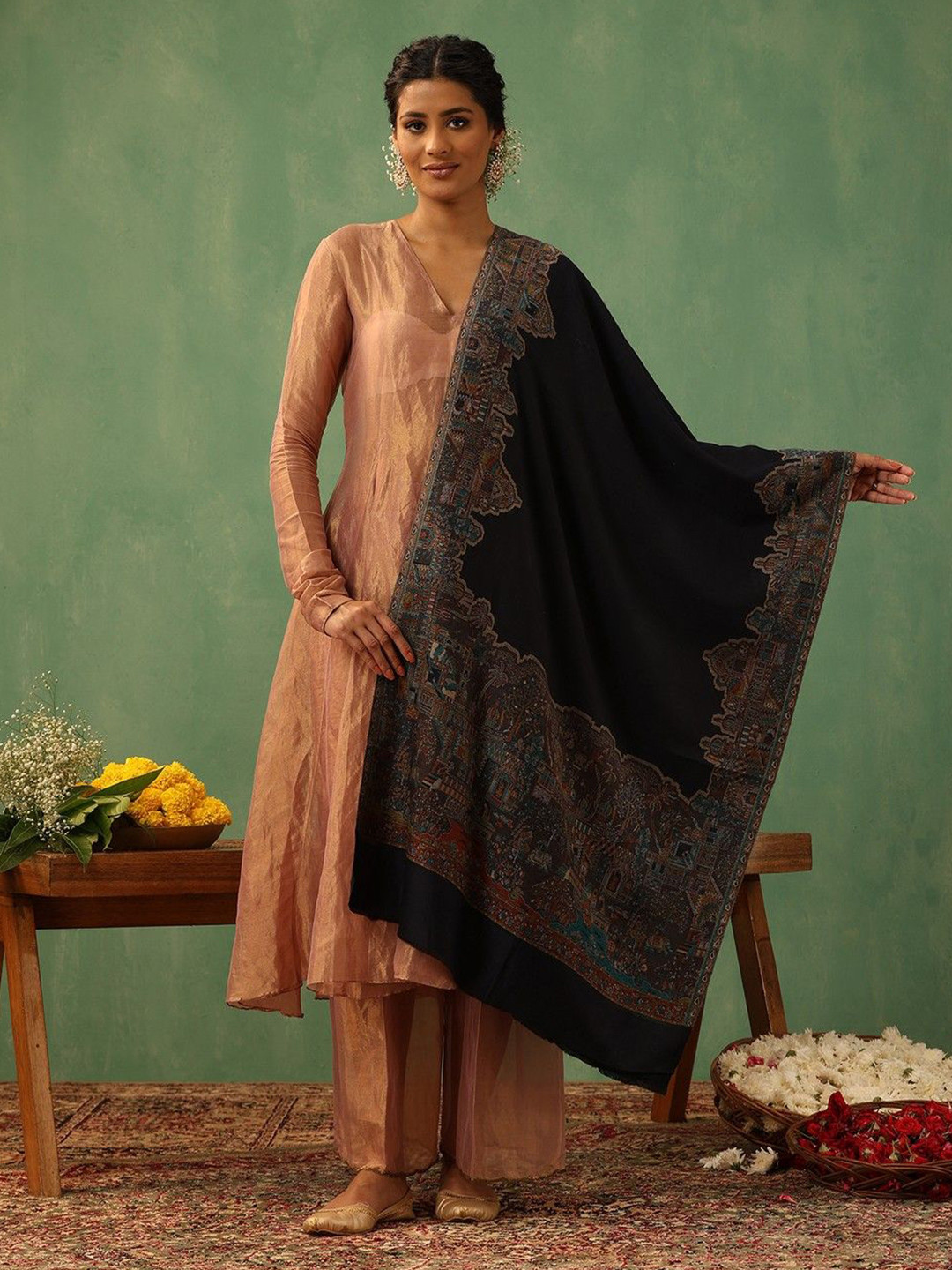 DUSALA INDIA Women Woven Design Black Woven Stole With Fringed Border