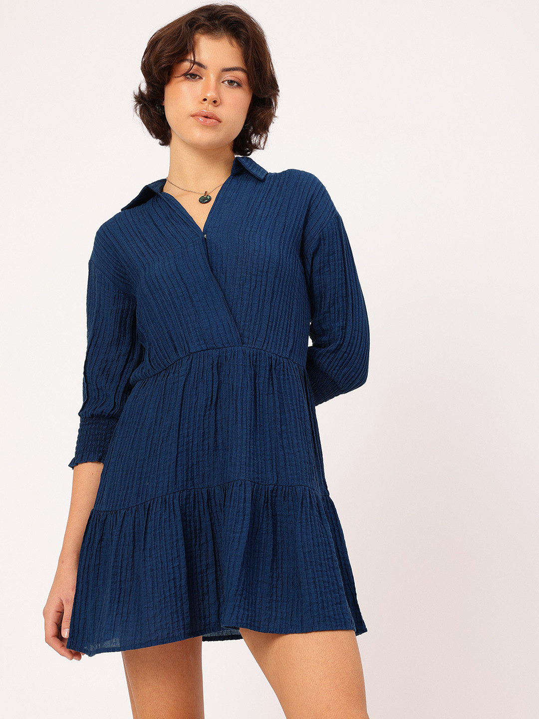 DressBerry Crinkled Textured Tiered Mini Shirt Style Dress