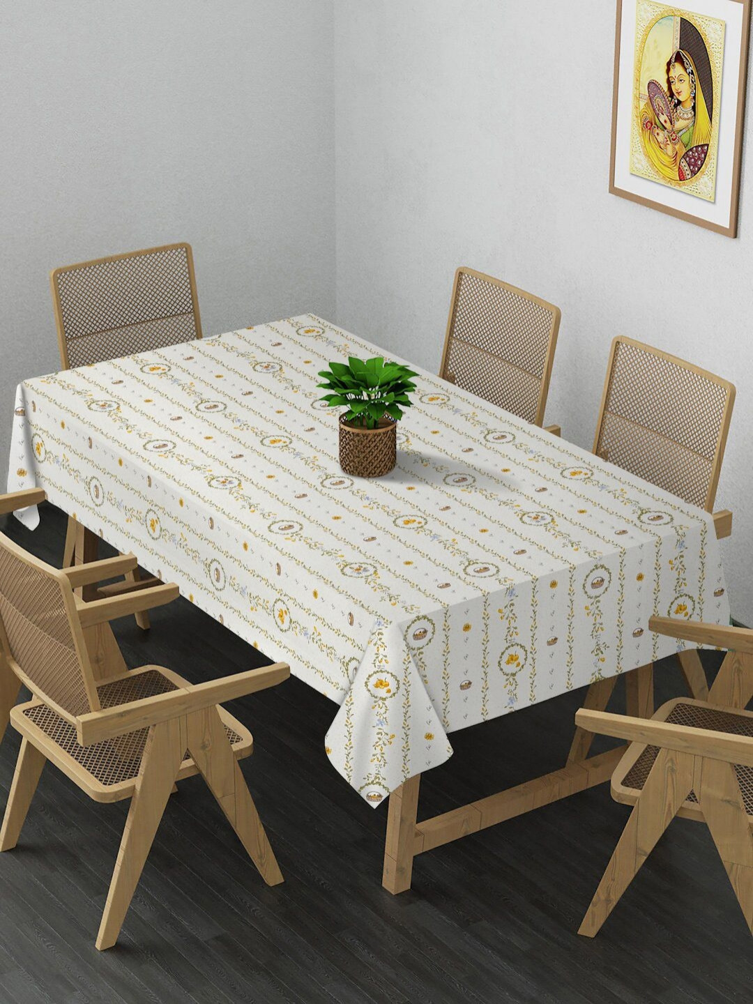 Arrabi Cream-Coloured & Yellow Floral Printed 8-Seater Table Cover