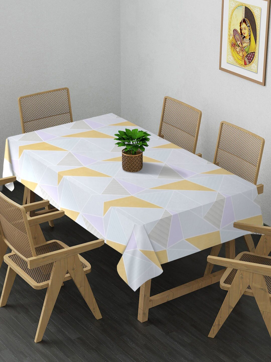 Arrabi White & Yellow Printed 8-Seater Table Cover