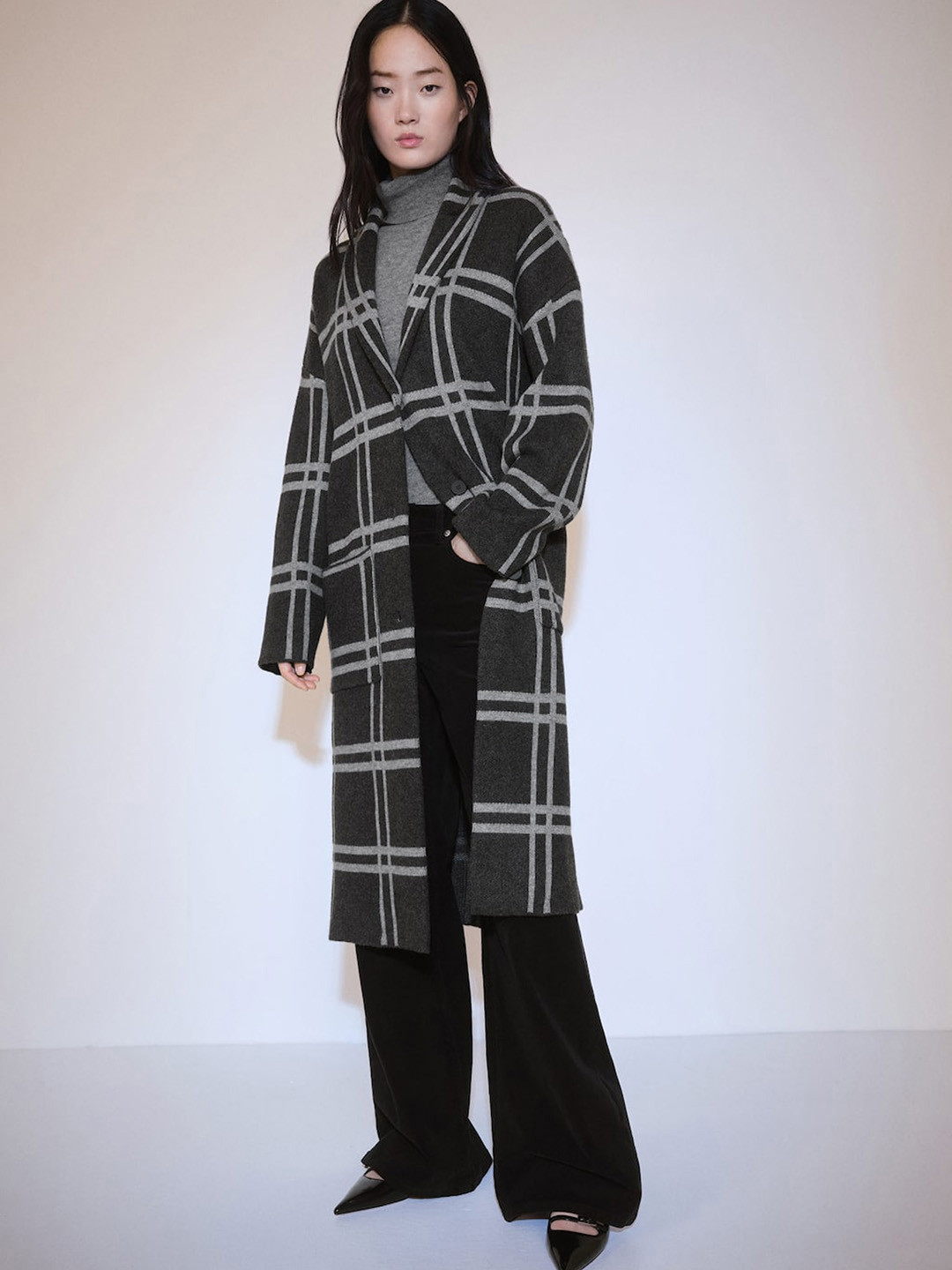 MANGO Single-Breasted Checked Knit Overcoat