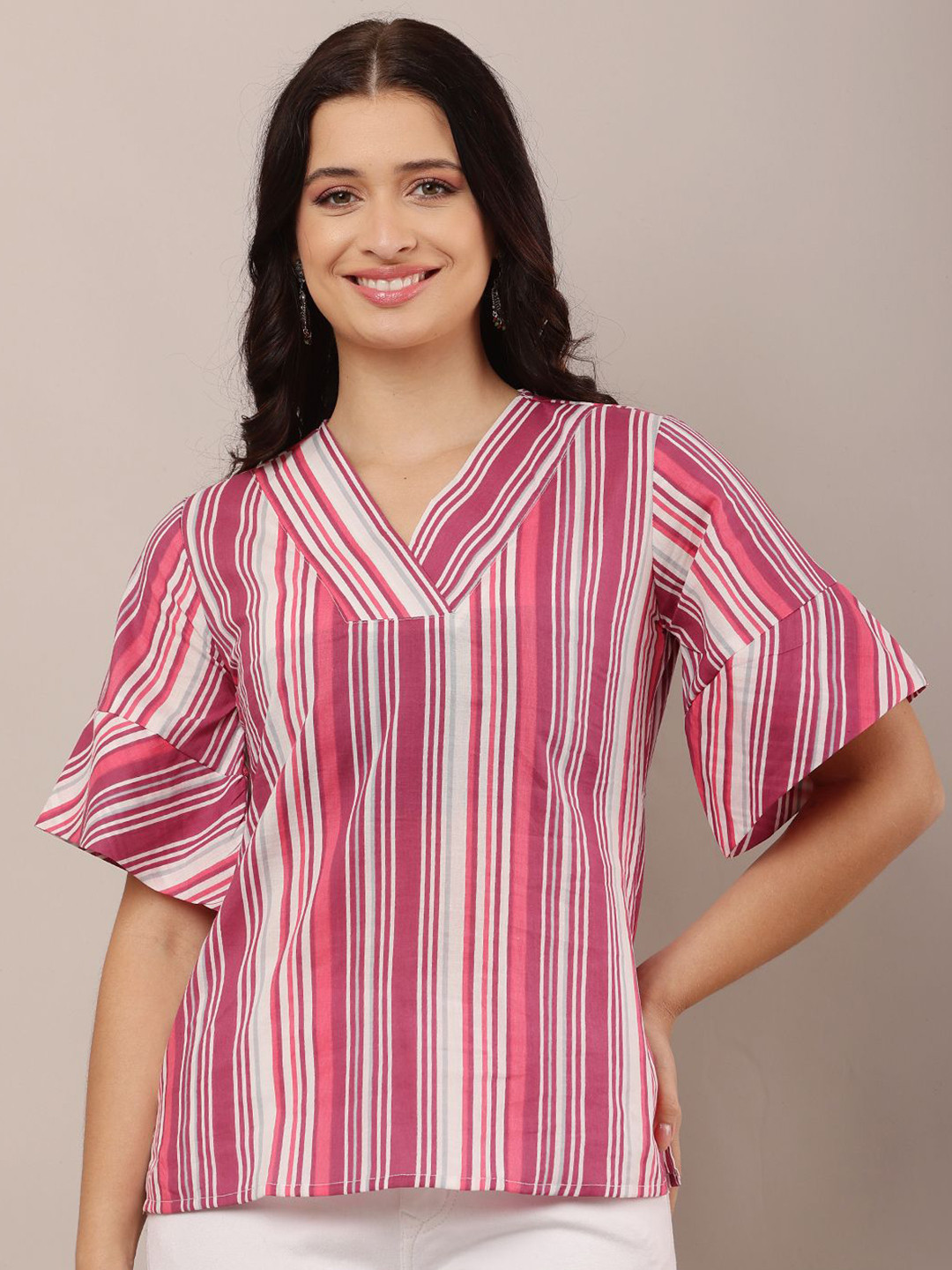 HELLO DESIGN Striped Bell Sleeve Cotton Top