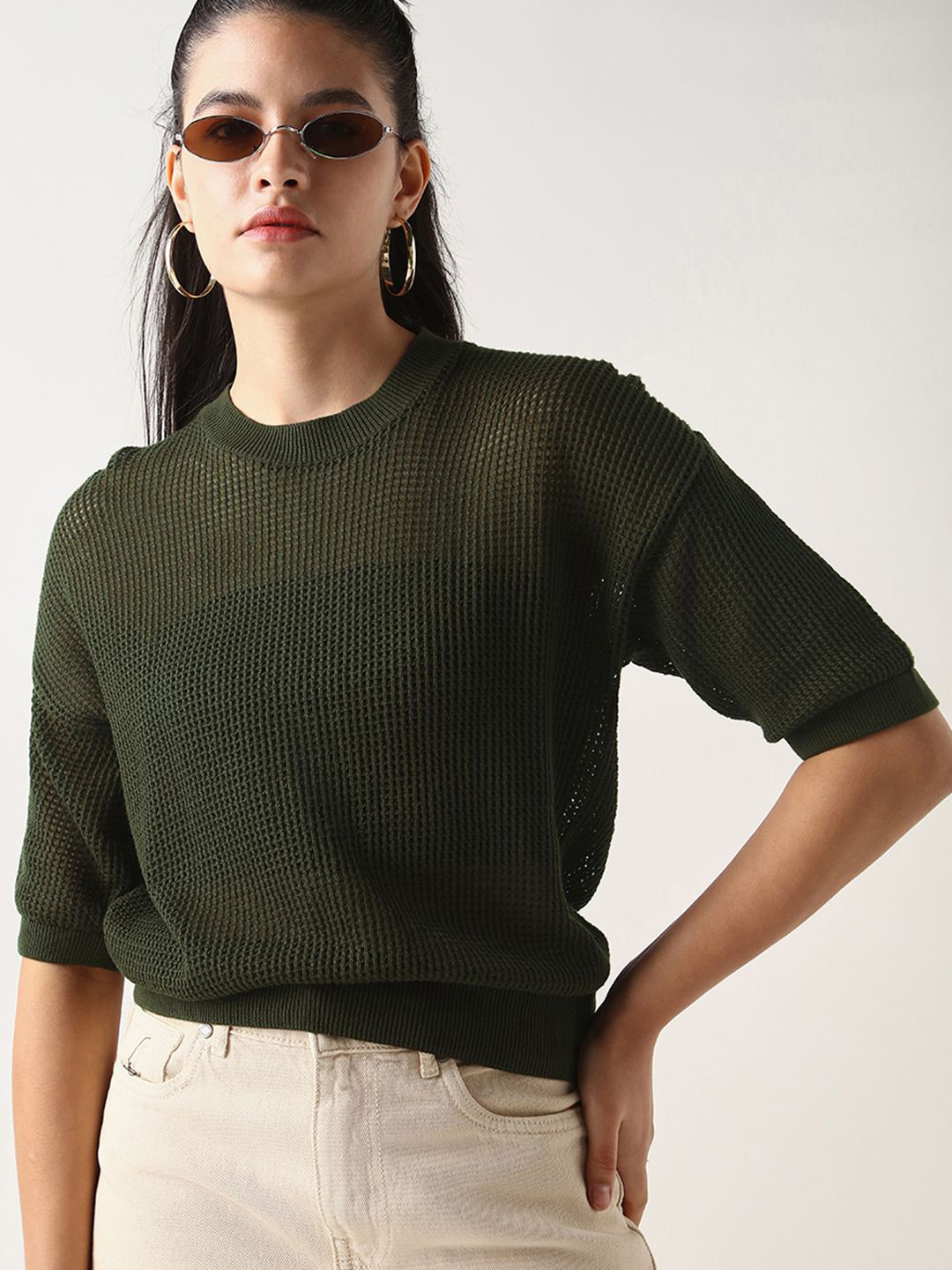 Bewakoof Women Olive Green Textured Slim Fit Short Top