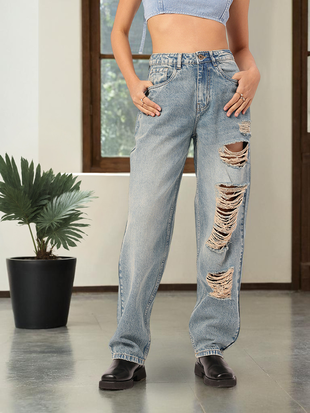 DressBerry Women Distressed Skater Fit Relaxed Fit Jeans