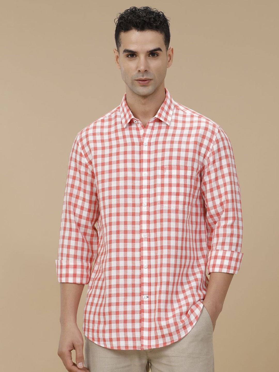 Linen Club Contemporary Slim Fit Gingham Checked Linen Cotton Casual Shirt