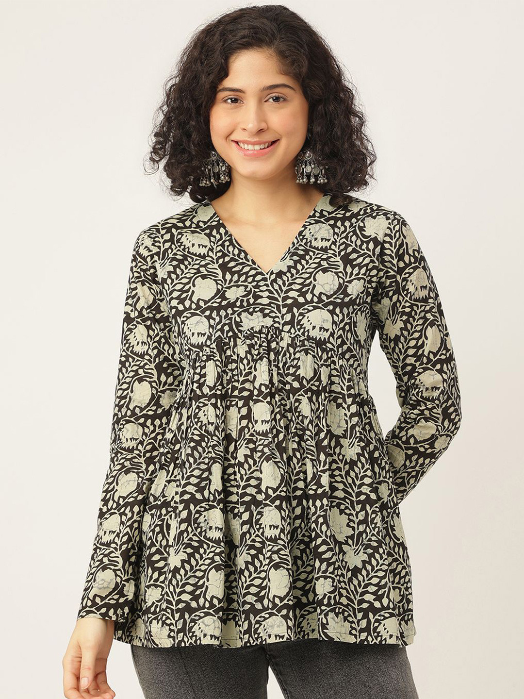 SPARSA Print Extended Sleeves Cotton Peplum Top