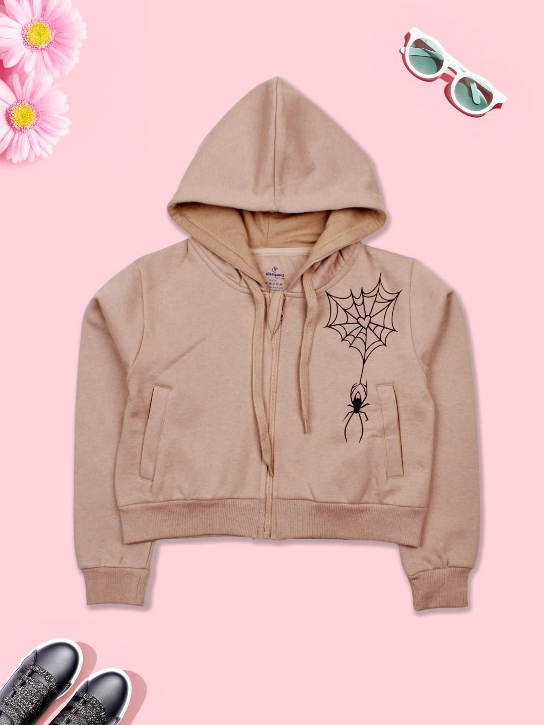 KiddoPanti Girls Printed Hooded Neck Front-Open Sweatshirt