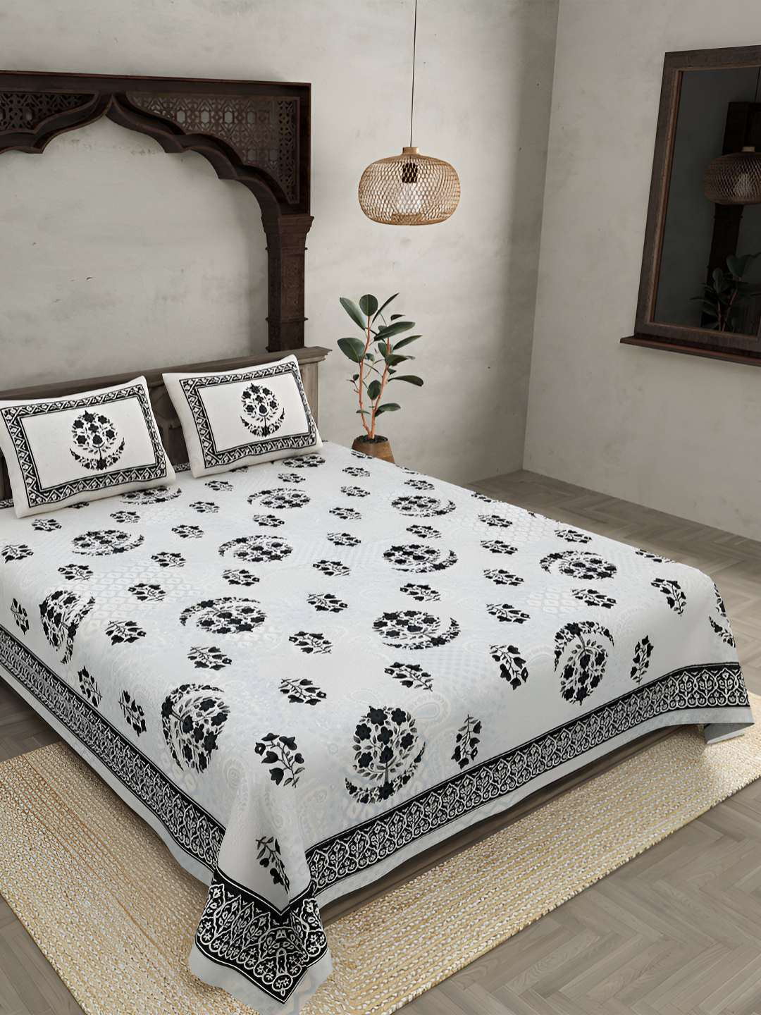 BED-SHEET.COM Grey Floral Cotton 240 TC King Fine Bedsheet with 2 Pillow Covers-100 x 108 inches