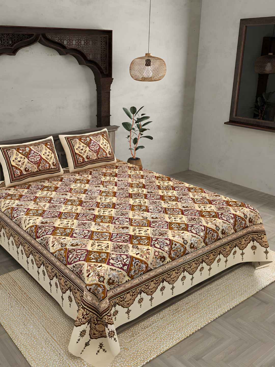 BED-SHEET.COM Brown & Beige Floral Printed Cotton 240 TC King Bedsheet Set 2.74 m x 2.54 m