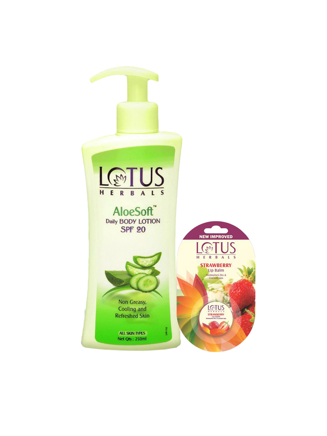 Lotus Herbals Set Of 2 Aloesoft Daily Body Lotion - 250 ml & Lip Balm -Strawberry - 5 g
