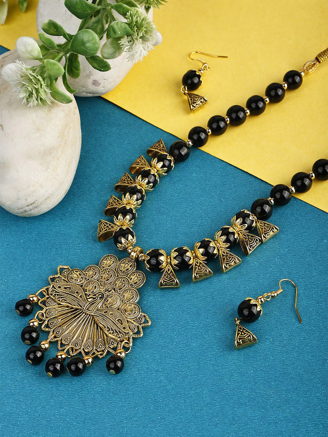 DEGHLAM Gold-Plated Beaded-Studded Dancing Peacock Necklace and Earrings