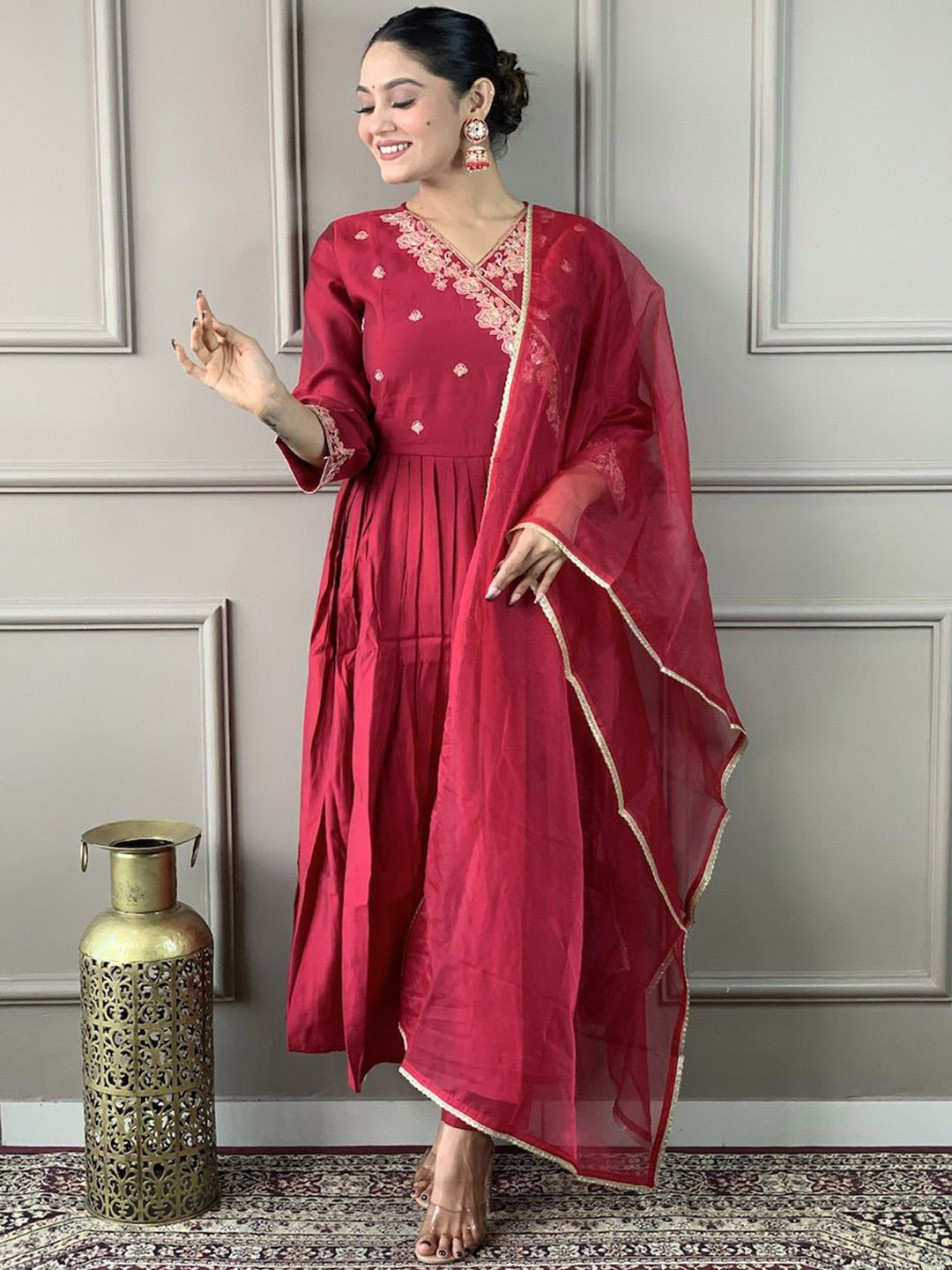 TWINS LADY Floral Embroidered Chanderi Silk A Line Kurta with Trousers & Dupatta