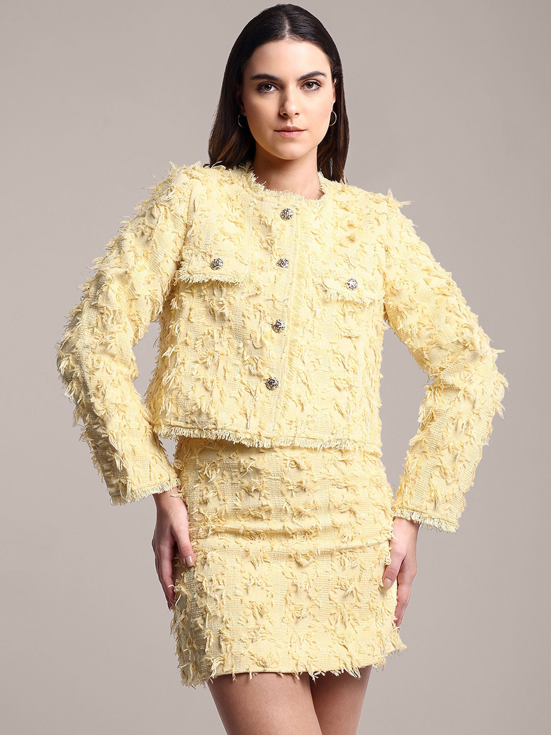 iki chic Yellow Self Design Fringe Detail Tweed Jacket & Mini Skirt