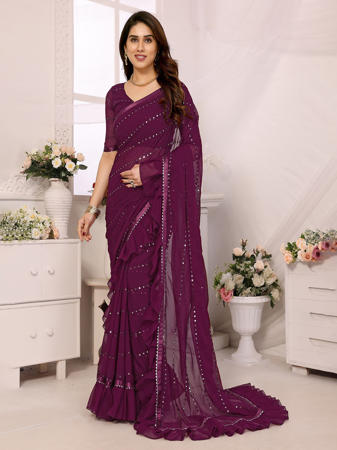CATCHY FOREVER Embellished Mirror Work Ruffle Saree