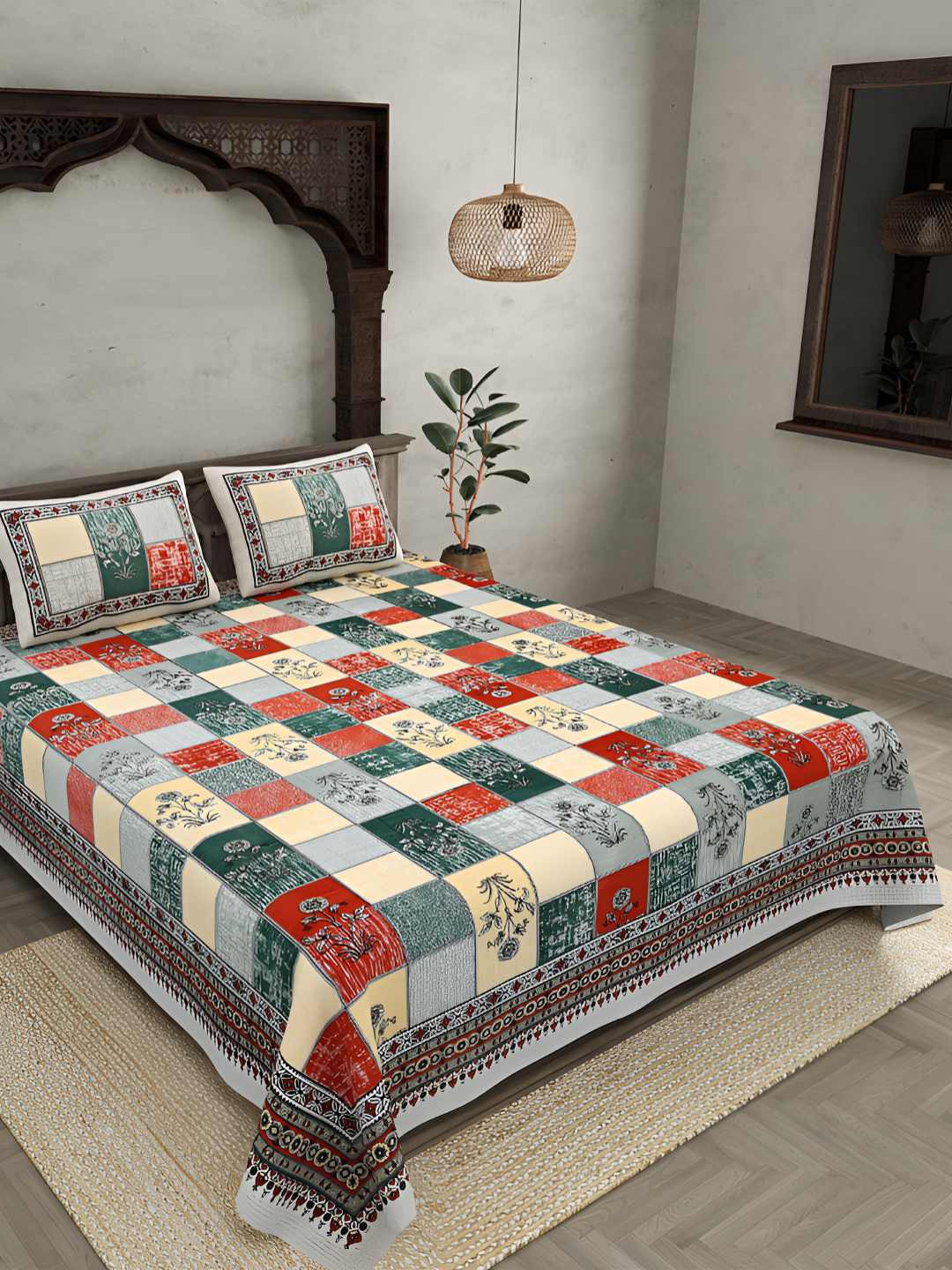BED-SHEET.COM Decorated Squares Red Floral Cotton 240 TC King Fine Bedsheet with 2 Pillow Covers-100 x 108 inches