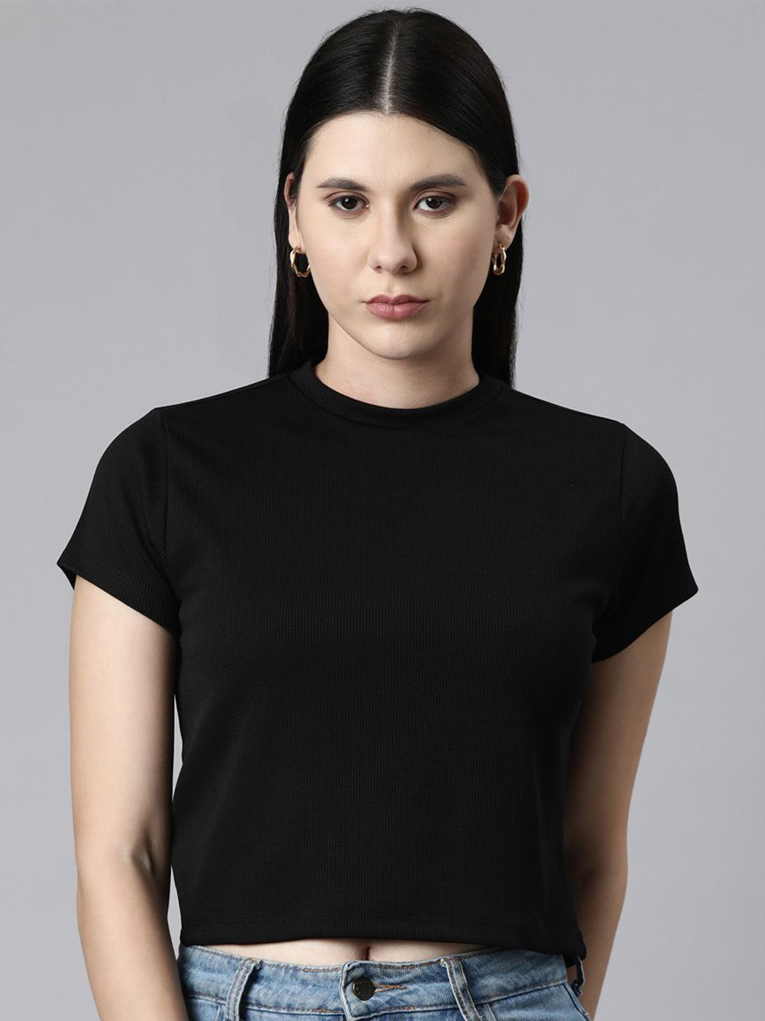 Twinbirds Black Women Ribbed Crop Top