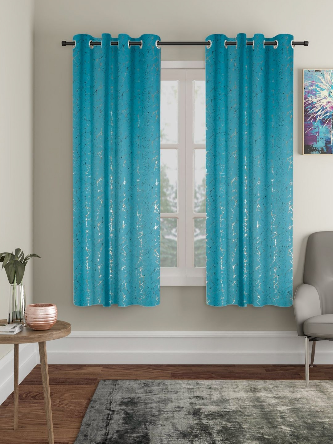 SOKNACK Turquoise Blue & Copper-Toned 2 Pieces Abstract Printed Black Out Window Curtains