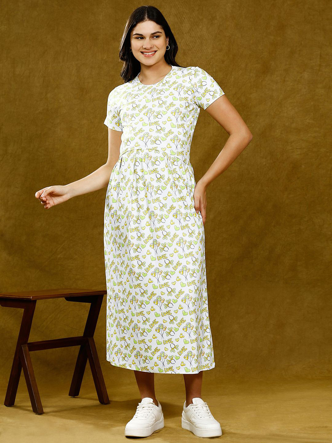 True Shape Women Printed Maternity Midi A-Line Dress With Belt