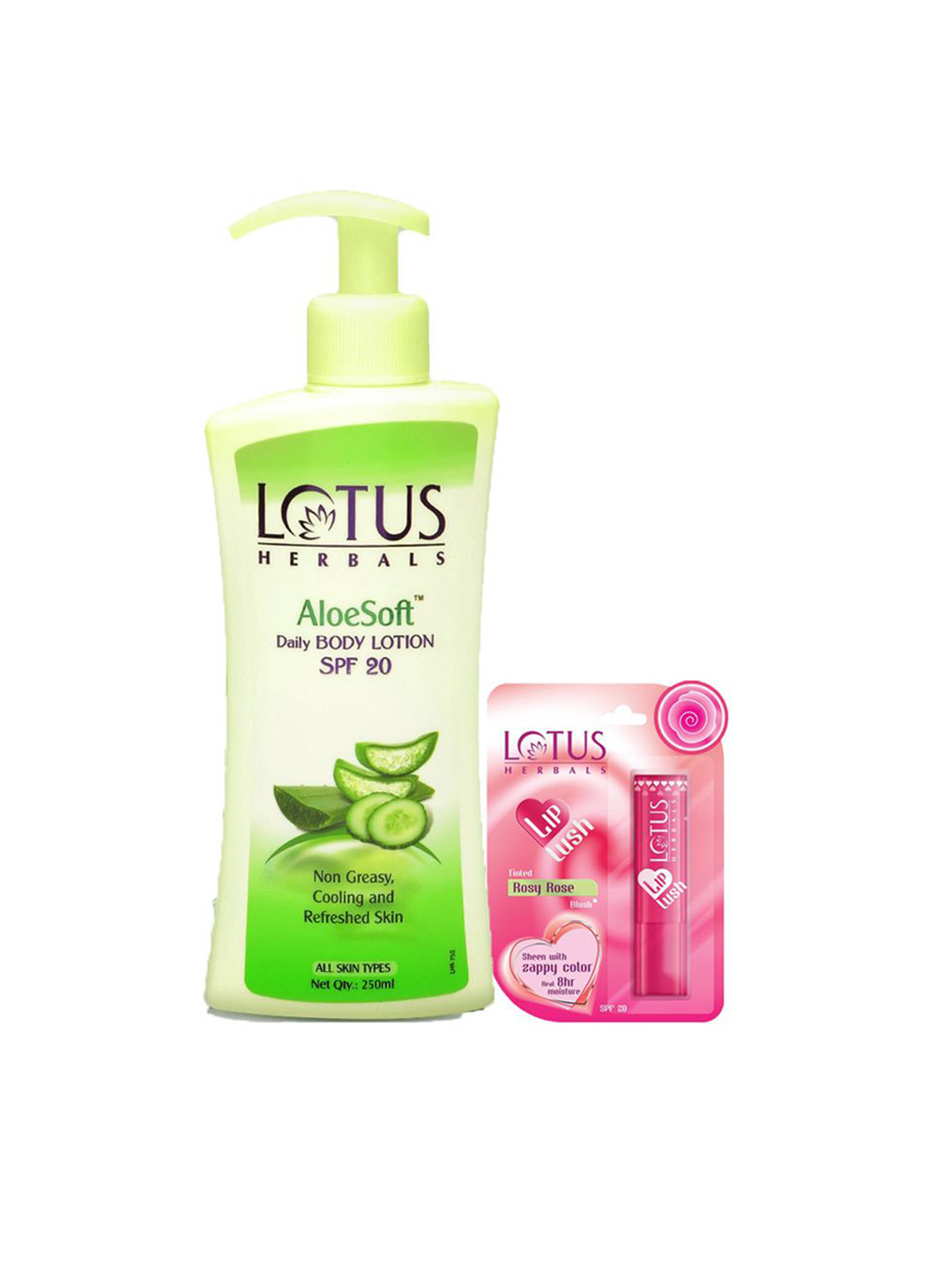 Lotus Herbals Set Of 2 Aloesoft Daily Hand & Body Lotion & Lip Lush Rosy Rose Blush