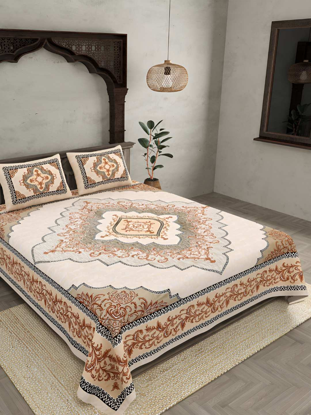BED-SHEET.COM Dome Orange Ethnic Motifs Cotton 240 TC King Fine Bedsheet with 2 Pillow Covers-108 x 100 inches