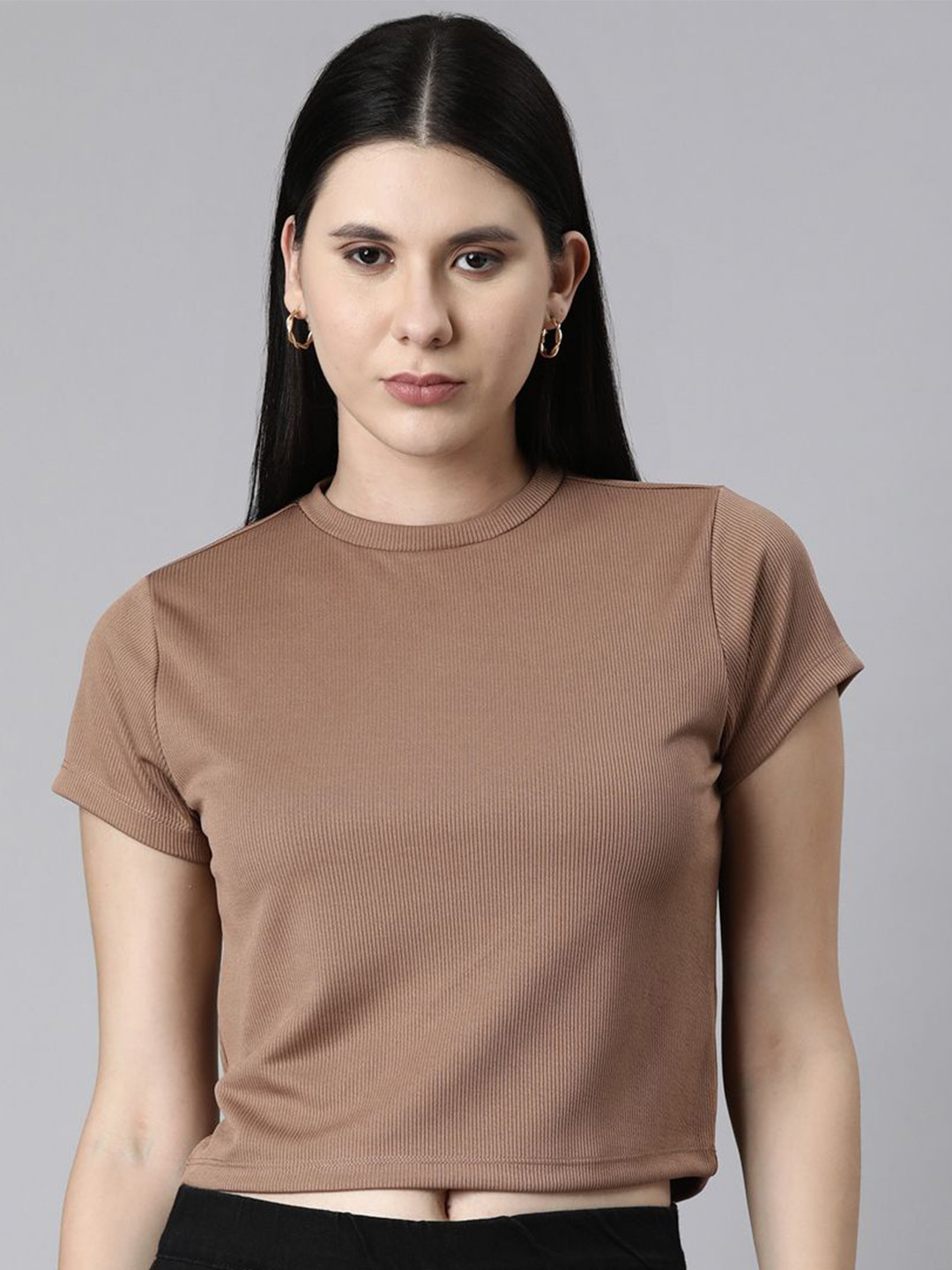 Twinbirds Light Brown Women Ribbed Crop Top