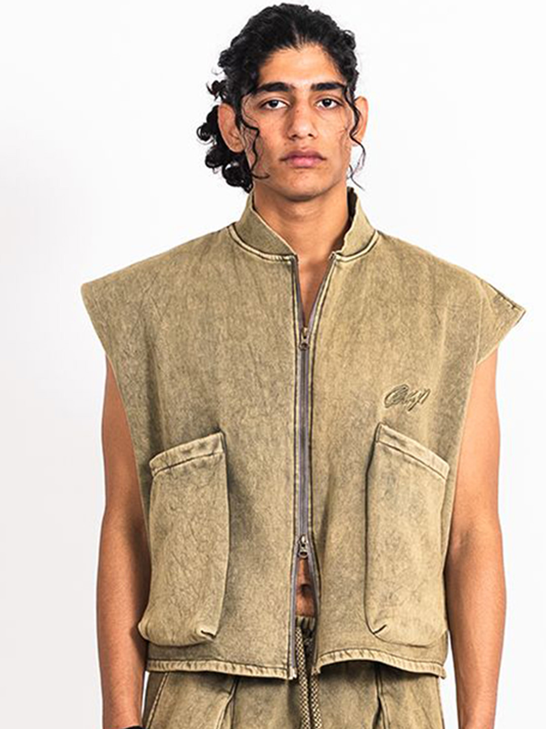 CTRL+P Unisex Washed Colourblocked Crop Open Front Jacket