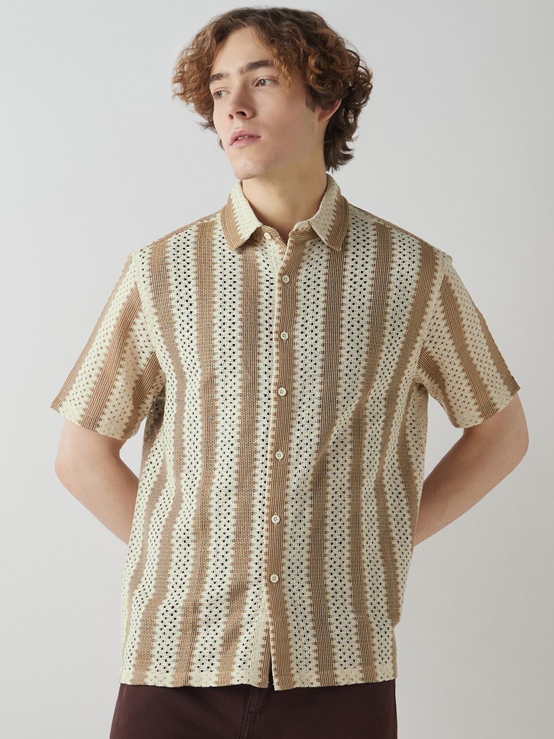 Bewakoof Men Beige & Brown Textured Oversized Shirt