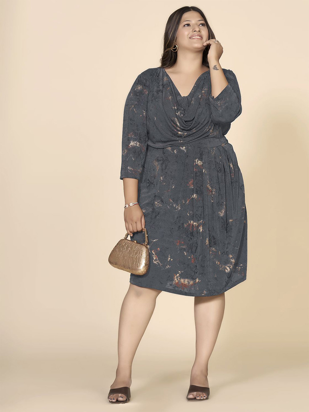 Curvy Lane Women Plus Size Printed Cowl Neck A-Line Dress