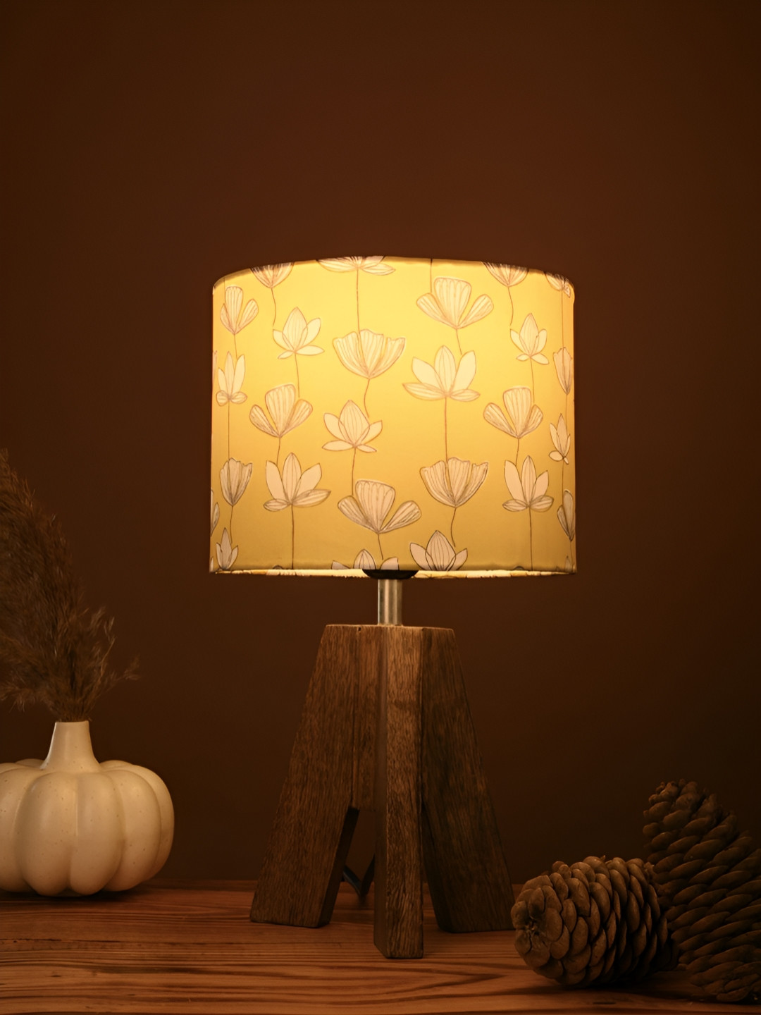 green girgit Yellow Printed Wood Rectangle Table Lamp
