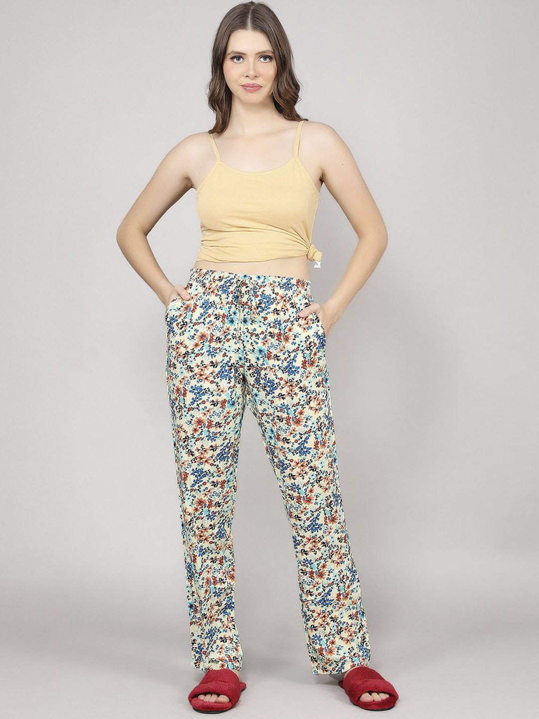 evolove Women Printed Cotton Adjustable Waistband Lounge Pants With Side Pockets