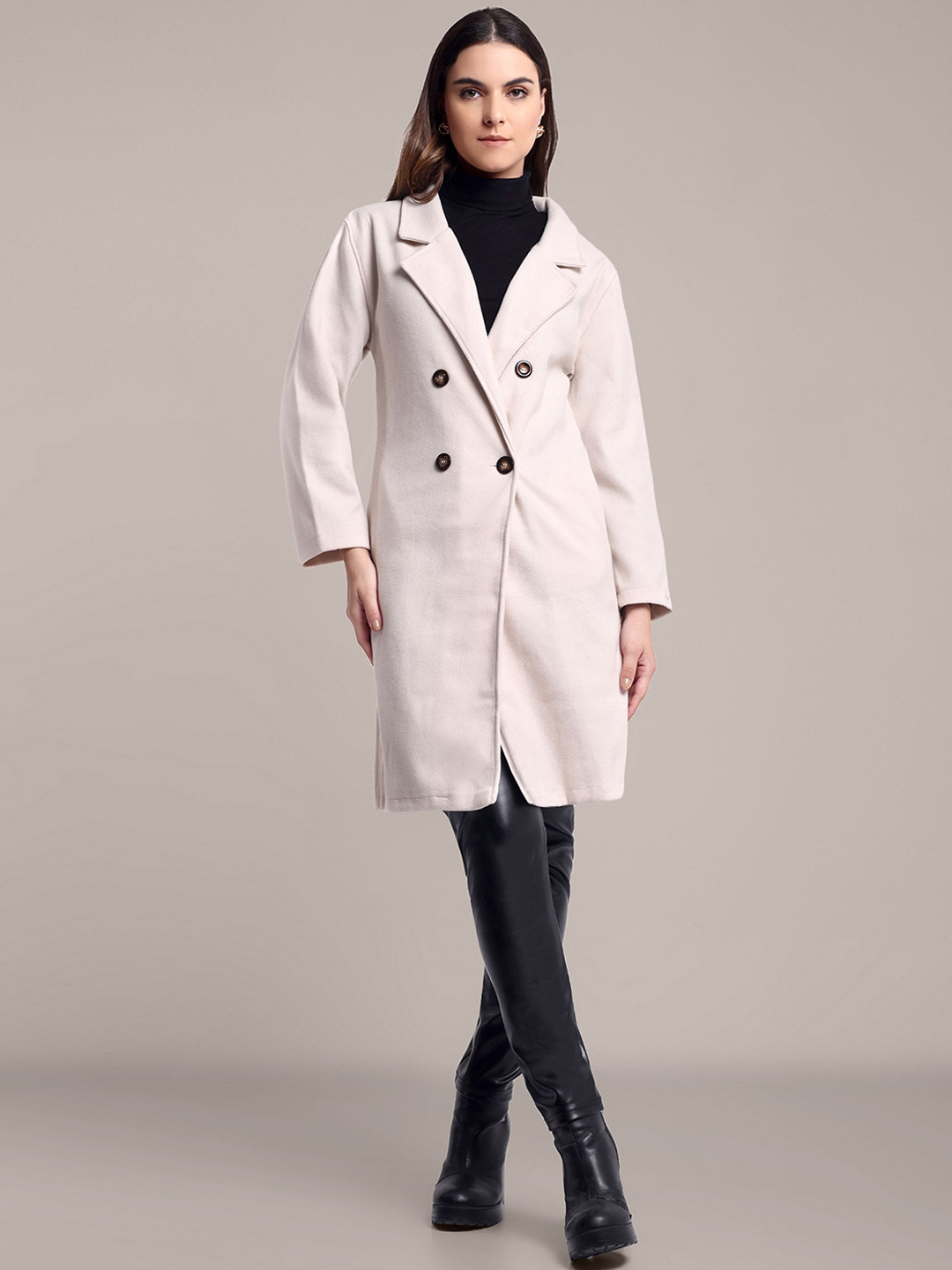 iki chic Women Regular Fit Woolen Double-Breasted Overcoat with Brown Buttons