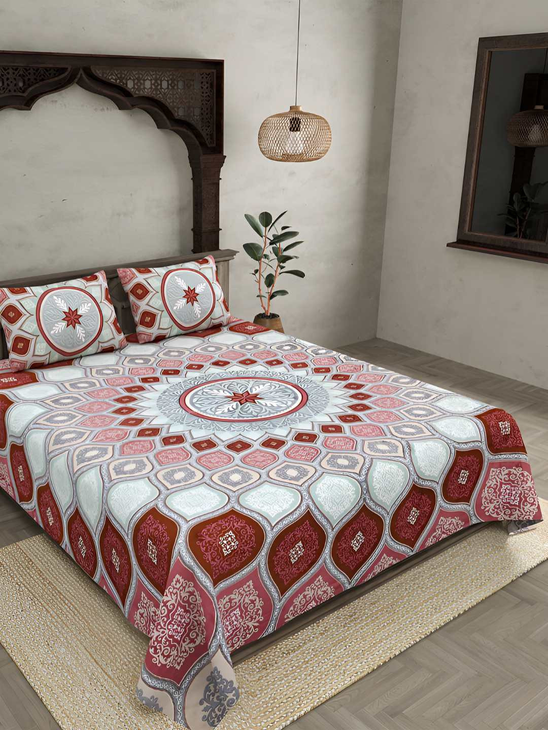 BED-SHEET.COM Sacred Shells Peach Ethnic Motifs Cotton 180 TC King Fine Bedsheet with 2 Pillow Covers-108 x 100 inches