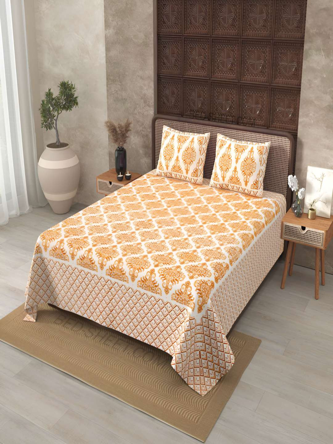 BED-SHEET.COM Jaipuri Gold Ethnic Motifs Pure Cotton 180 TC King Fine Bedsheet with 2 Pillow Covers-108 x 88 inches