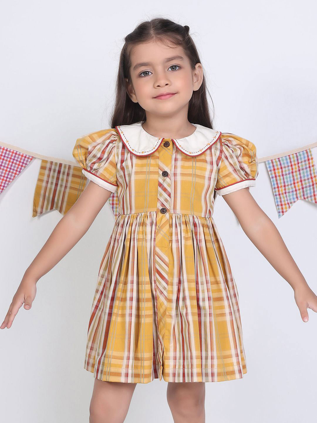 Soleilclo Girl's Checked Pure Cotton Peter Pan Collar Puff Sleeve Fit & Flare Dress