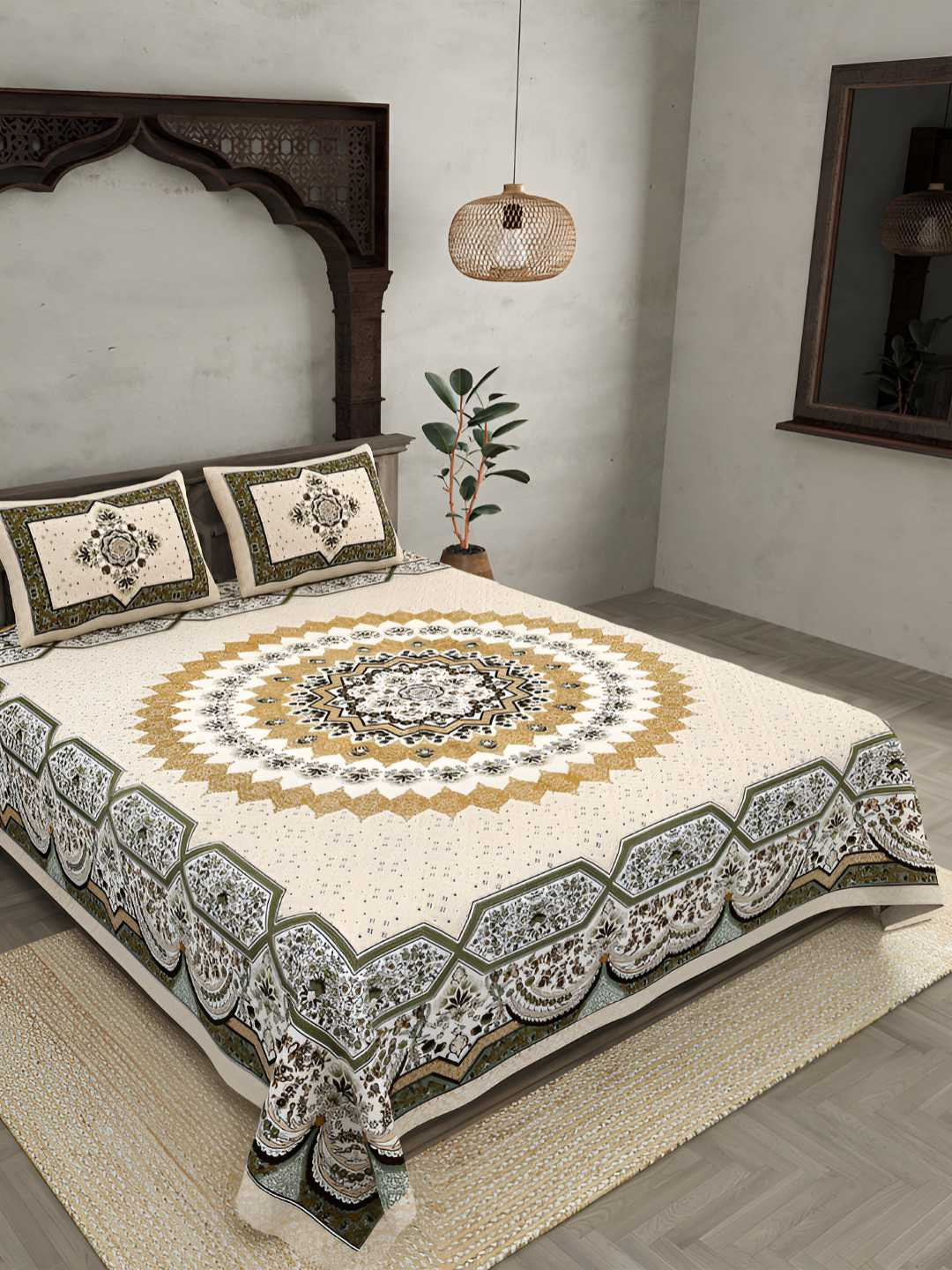 BED-SHEET.COM Beige & Brown Ethnic Printed Cotton 240 TC King Bedsheet Set 2.74 m x 2.54 m