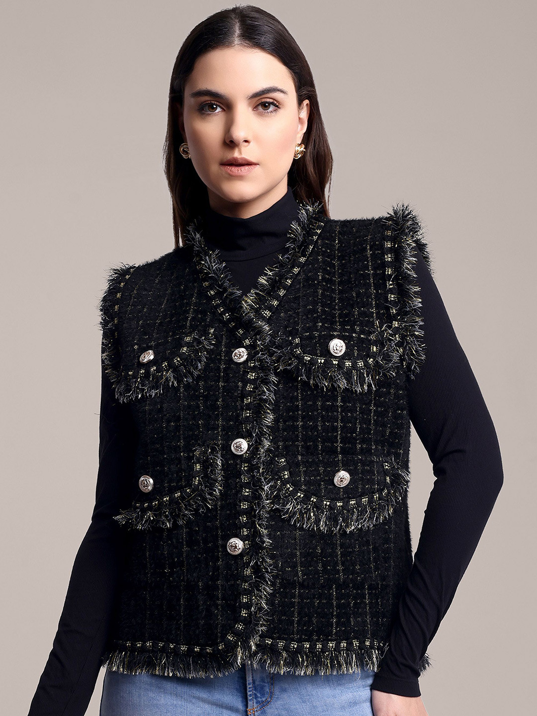 iki chic Women Woollen Checked Sweater Vest with Fringed Detail