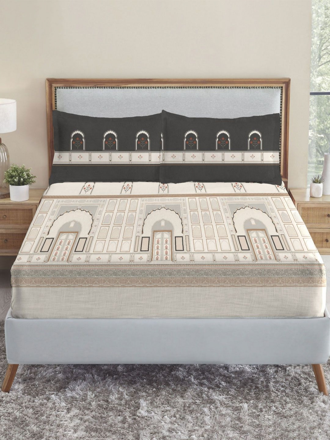 MYTRIDENT Road To Jaipur Beige Floral Pure Cotton Anti-Microbial 210 TC King Fine Bedsheet with 2 Pillow Covers-108 x 108 inches