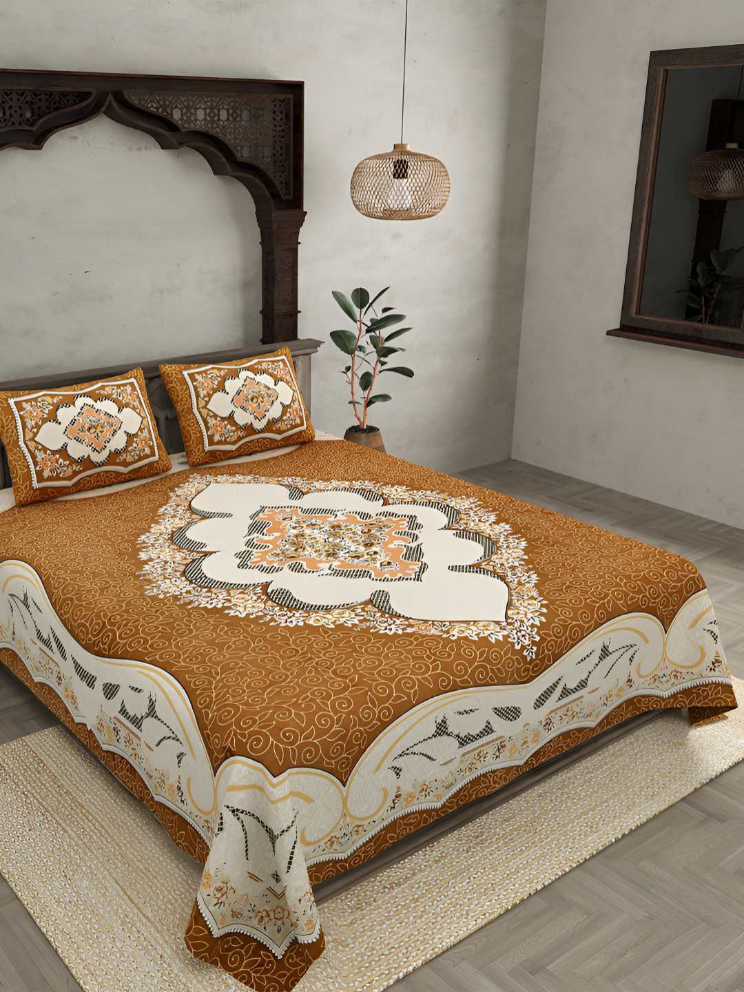 BED-SHEET.COM Brown Floral Cotton 240 TC King Fine Bedsheet with 2 Pillow Covers-254 x 274 cm