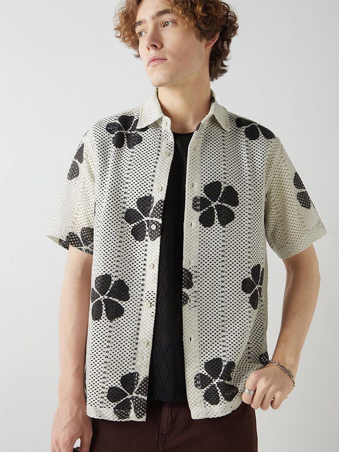 Bewakoof Men Beige Textured Oversized Crochet Shirt