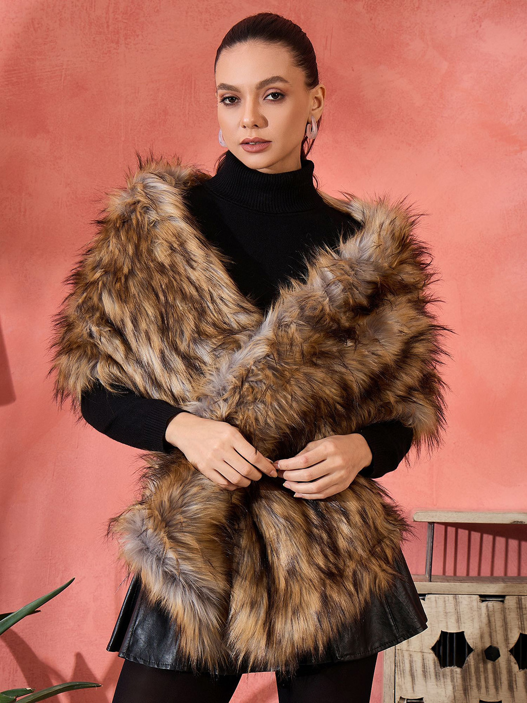 InWeave Self Design Acrylic Winter Faux Fur Shawl